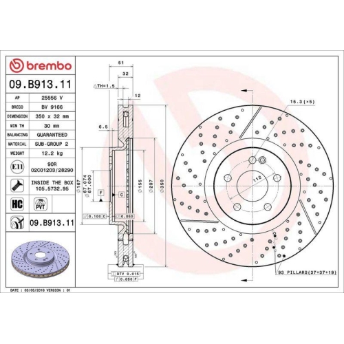 Set disc frana Mercedes Clasa A (W176) 06.12-05.18, Cla Coupe (C117) 01.13-03.19, Cla Shooting Brake (X117) 01.15-03.19, Gla-Class (X156) 12.13-05.22, Fata, 350X32mm, ventilat, BREMBO
