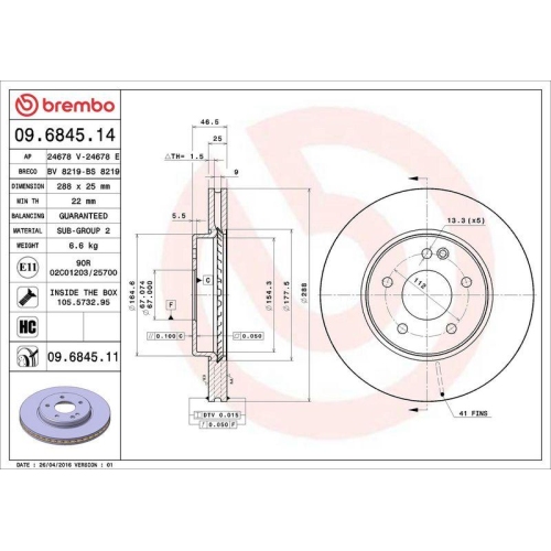 Set disc frana Mercedes Clasa C (W202) 03.93-05.00, Clasa C T-Model (S202) 06.96-03.01, Clk (C208) 06.97-12.03, Clk Convertible (A208) 03.98-03.02, Clasa E (W210) 06.95-08.03 , Slk (R170) 04.96-04.04, Fata, 288X25mm, ventilat, BREMBO