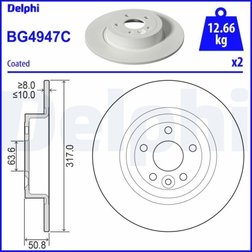 Set discuri frana Land Rover Range Rover Evoque (L538), Range Rover Evoque Cabriolet (L538), Range Rover Evoque Van (L538), 2.0 4X4, 2.0 D, 2.0 D 4x4, 2.2 D, 2.2 D 4x4, SD4 4x4, Si4 4x4, Td4, TD4 4x4, Spate, 317x10, plin, DELPHI