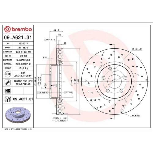 Set disc frana Mercedes Clasa C (W204) 01.07-01.15, Clasa E (W212) 01.09-12.16, Clasa E Convertible (A207) 01.10-12.16, Clasa E Coupe (C207) 01.09-12.16, Clasa E T-Model (S212) 08.09-12.16, Fata, 322X32mm, ventilat, BREMBO