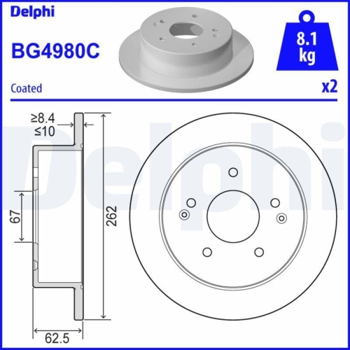 Set discuri frana Ssangyong Actyon Ii, Korando (Ck), Korando Van, 2.0 xdi, 2.0, 2.0 e-XDi, 2.0 e-XGi, 2.2 Xdi, 2.2 e-XDi, punte spate, 262x10, plin, DELPHI