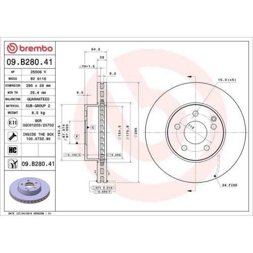 Set disc frana Mercedes Clasa C (W204) 01.07-01.15, Clasa E (W212) 01.09-12.16, Clasa E Convertible (A207) 01.10-12.16, Clasa E Coupe (C207) 01.09-12.16, Clasa E T-Model (S212) 08.09-12.16, Slc (R172) 01.16-, Slk (R172) 01.11-, Fata, 295X28mm, ventilat, B