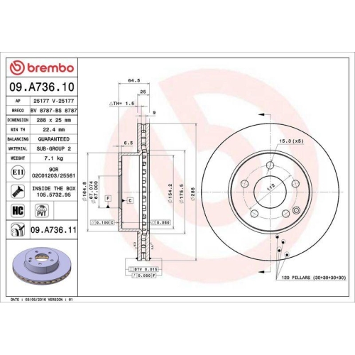 Set disc frana Mercedes Clasa C (W204) 01.07-01.15, Fata, 288X25mm, ventilat, BREMBO
