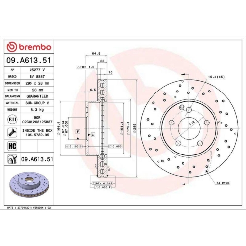 Set disc frana Mercedes Clasa C (W204) 01.07-01.15, Fata, 295X28mm, ventilat, BREMBO