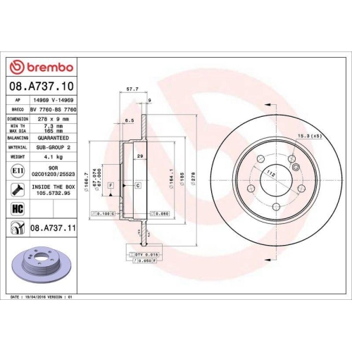 Set disc frana Mercedes Clasa C (W204) 01.07-01.15, Spate, 278X9mm, plin, BREMBO