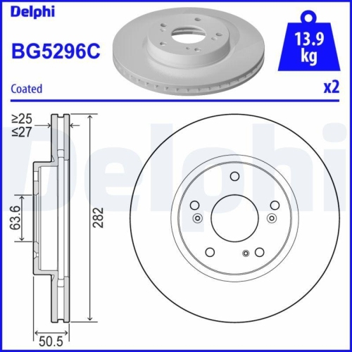 Set discuri frana Ford Focus 4 (Hn), Focus 4 Sedan (Hm), Focus 4 Turnier (Hp), 1.0 Ecoboost, 1.0 EcoBoost mHEV, 1.0 ECOBOOST MHEV ACTIVE, 1.5 EcoBlue, 1.5 EcoBoost, 1.5 Ti-VCT, 2.0 EcoBlue, punte fata, 282x27, ventilat, DELPHI