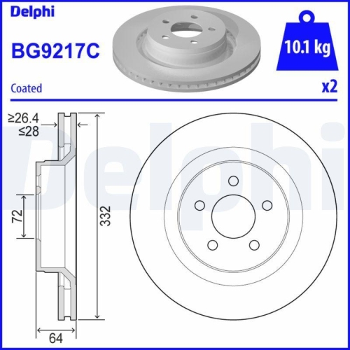 Disc frana Dodge Nitro Van (Ka), Nitro; Jeep Cherokee (Kk), Compass (Mk49), 2.8 CRD, 4.0 4WD, 2.8 CRD 4WD, 3.7, 3.7 4WD, 3.7 V6 4WD, 2.8 CRD 4x4, 3.7 V6, 3.7 V6 4x4, 2.4, punte fata, 332x28, ventilat, DELPHI