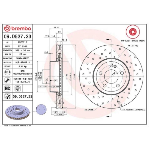 Set disc frana Mercedes Clasa C (W205) 07.13-02.23, Clasa C Convertible (A205) 06.16-04.23, Clasa C Coupe (C205) 10.15-04.23, Clasa C T-Model (S205) 09.14-02.23, Fata, 318X30mm, ventilat, BREMBO