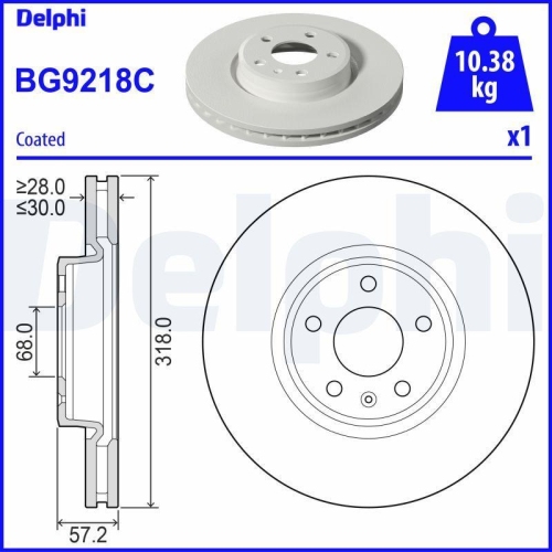 Disc frana Audi A4 Allroad B9 (8wh, A4 B9 (8w2, A4 B9 Avant (8w5, A5 (F53, A5 Convertible (F57, A5 Sportback (F5a, A6 Allroad C8 (4ah), A6 C8 (4a2), A6 Estate (4a5, A7 Sportback (4ka), Q5 (Fyb, Q5 Sportback (Fyt), Fata, 318x30, ventilat, DELPHI