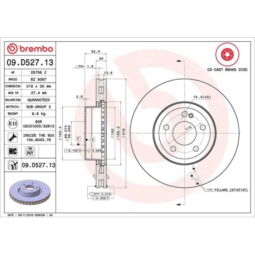 Set disc frana Mercedes Clasa C (W205) 07.13-02.23, Clasa C Convertible (A205) 06.16-04.23, Clasa C Coupe (C205) 10.15-04.23, Clasa C T-Model (S205) 09.14-02.23, Fata, 318X30mm, ventilat, BREMBO