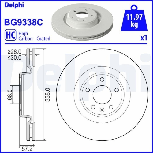 Disc frana Audi A4 Allroad B9 (8wh, A4 B9 (8w2, A4 B9 Avant (8w5, A5 (F53, A5 Convertible (F57, A5 Sportback (F5a, A6 C8 (4a2), A6 Estate (4a5, A7 Sportback (4ka), Q5 (Fyb, punte fata, 338x30, ventilat, DELPHI