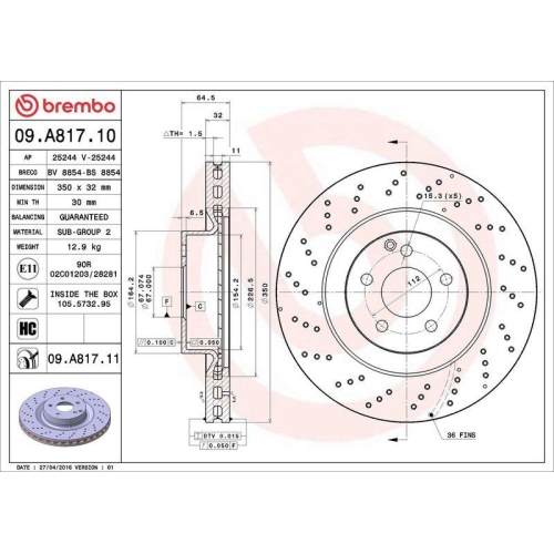 Set disc frana Mercedes Clasa E (W211) 03.02-03.09, Clasa E T-Model (S211) 02.03-07.09, Clasa S (W221) 09.05-12.13, Clasa S Coupe (C216) 05.06-12.13, Sl (R230) 10.01-01.12, Fata, 350X32mm, ventilat, BREMBO