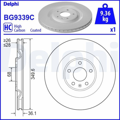 Disc frana Audi A6 Allroad C8 (4ah), A6 C8 (4a2), A6 Estate (4a5, A7 Sportback (4ka), A8 D5 (4n2, E-Tron (Gen), E-Tron Sportback (Gea), Q7 (4mb, Q8 (4mn); Vw Touareg (Cr7), punte spate, 350x28, ventilat, DELPHI