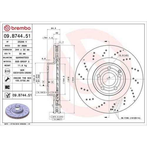 Set disc frana Mercedes Clasa E (W212) 01.09-12.16, Clasa E T-Model (S212) 08.09-12.16, Slc (R172) 01.16-, Slk (R172) 01.11-, Fata, 344X32mm, ventilat, BREMBO