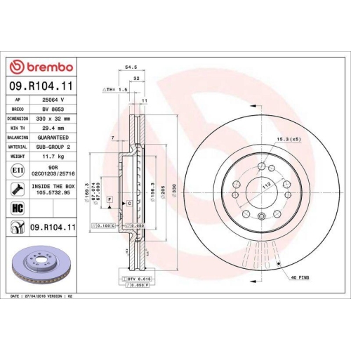 Set disc frana Mercedes Clasa M (W164) 02.05-12.12, R-Class (W251 V251) 08.05-10.17, Fata, 330X32mm, ventilat, BREMBO