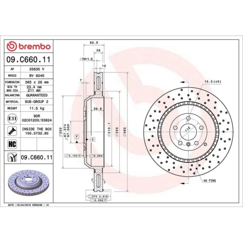 Set disc frana Mercedes Clasa M (W164) 02.05-12.12, R-Class (W251 V251) 08.05-10.17, Spate, 365X26mm, ventilat, BREMBO
