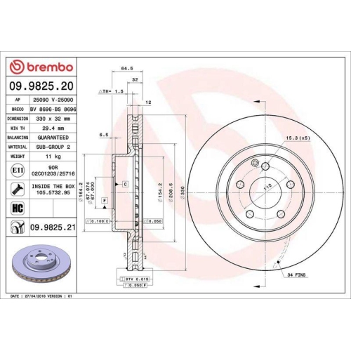 Set disc frana Mercedes Cls (C219) 10.04-02.11, Clasa E (W211) 03.02-03.09, Clasa E T-Model (S211) 02.03-07.09, Glk-Class (X204) 06.08-12.15, Fata, 330X32mm, ventilat, BREMBO