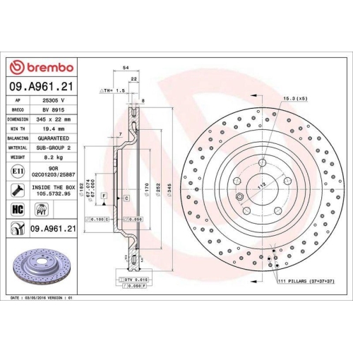 Set disc frana Mercedes Gl-Class (X166) 07.12-12.15, Gle (W166) 04.15-10.18, Gle Coupe (C292) 03.15-10.19, Clasa M (W166) 06.11-12.15, Spate, 345X22mm, ventilat, BREMBO