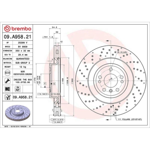 Set disc frana Mercedes Gl-Class (X166) 07.12-12.15, Gle (W166) 04.15-10.18, Gle Coupe (C292) 03.15-10.19, Gls (X166) 11.15-04.19, Clasa M (W166) 06.11-12.15, Fata, 350X32mm, ventilat, BREMBO