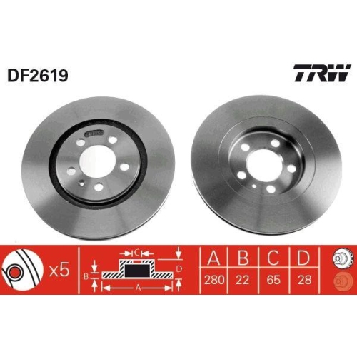 Set discuri frana Seat Toledo 1 (1l2); Vw Corrado (53i), Golf 3 (1h1), Golf 3 Van (1h1), Golf 3 Variant (1h5), Passat B3/B4 (3a2, Passat B3/B4 Variant (3a5, Vento (1h2), punte fata, 280x22, ventilat, TRW