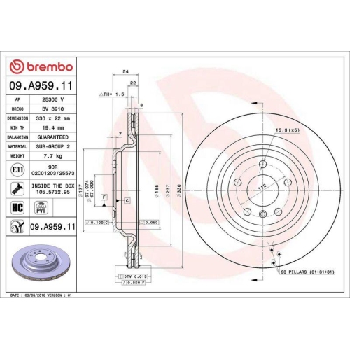 Set disc frana Mercedes Gle (W166) 04.15-10.18, Gle Coupe (C292) 03.15-10.19, Clasa M (W166) 06.11-12.15, Spate, 330X22mm, ventilat, BREMBO