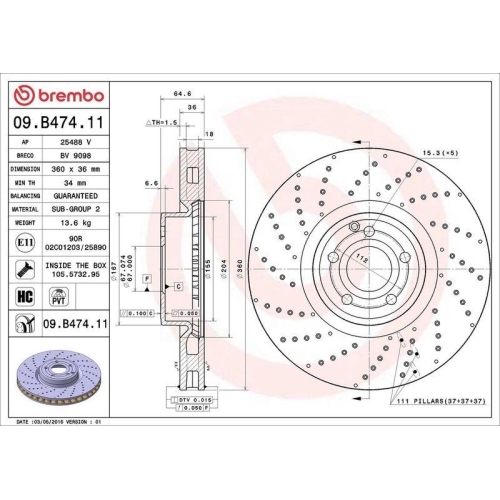 Set disc frana Mercedes Sl (R231) 12.11-04.20, Fata, 360X36mm, ventilat, BREMBO