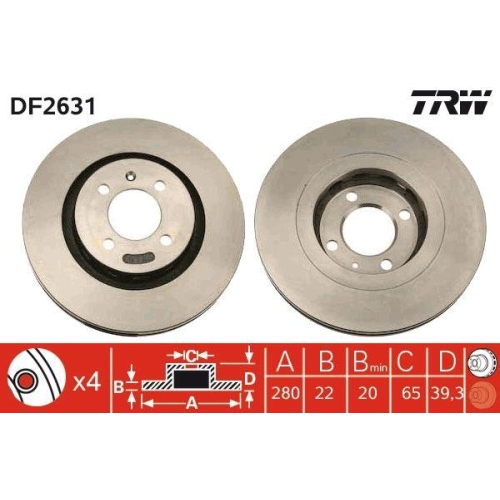 Set discuri frana Seat Cordoba (6k1, Cordoba Vario (6k5), Ibiza 2 (6k1), Toledo 1 (1l2); Vw Corrado (53i), Golf 2 (19e, Passat B3/B4 (3a2, Passat B3/B4 Variant (3a5, punte fata, 280x22, ventilat, TRW