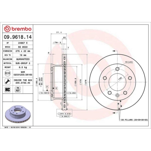 Set disc frana Mercedes Sprinter (B901 B902) 01.95-05.06, Sprinter Classic 3,5-T Box (B909) 09.13-, Sprinter Classic 4,6-T Autobus (B909) 09.13-, Sprinter Classic 4,6-T Box (B909) 01.17-, Fata, 276X22mm, ventilat, BREMBO