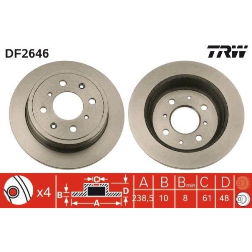 Set discuri frana Honda: Accord 3 (Ca), Civic 4 (Ec), Civic 6 (Ej), Prelude 3 (Ba); Rover/MG: 200 2 (Rf), 400 2 (Rt), 45 1 (Rt), MG ZR, MG ZS., punte spate, 239x10, plin, TRW