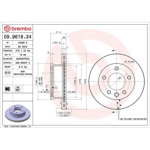Set disc frana Mercedes Sprinter (B901 B902) 01.95-05.06, Sprinter Classic 3,5-T Box (B909) 09.13-, Sprinter Classic 4,6-T Autobus (B909) 09.13-, Sprinter Classic 4,6-T Box (B909) 01.17-, Fata, 276X22mm, ventilat, BREMBO