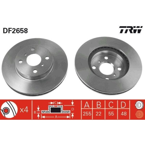Set discuri frana Audi: 100 C3 (443), 80 B5 (8d5); Renault: 4 (R21), Super 5 (B/C40); Toyota: Corolla (E10), Corolla (E11); VW: Derby (86), Golf 3 (1h1)., punte fata, 255.5x22, ventilat, TRW
