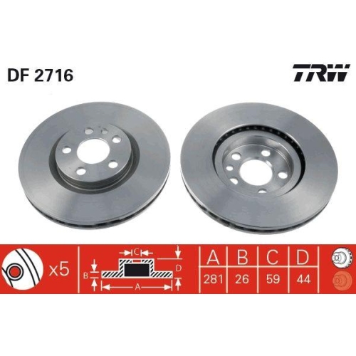 Set discuri frana Citroen: Evasion (22), Jumpy (U6u); Fiat: Scudo (220), Ulysse (220); Lancia: Zeta (22); Peugeot: 806 (221), Expert (224)., punte fata, 281x26, ventilat, TRW