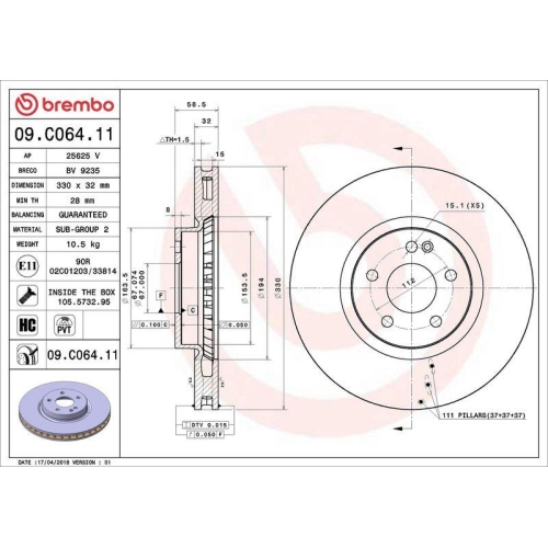 Set disc frana Mercedes V-Class (W447) 03.14-, Vito Box (W447) 10.14-, Vito Mixto Extended Double Cabine Truck (W447) 10.14-, Vito Tourer (W447) 10.14-, Fata, 330X32mm, ventilat, BREMBO