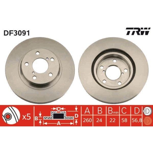 Set discuri frana Subaru: Impreza (Gc), Legacy 1 (Bc), Legacy 2 (Bd), Legacy 3 (Be), SVX (Cx)., punte fata, 260x24, ventilat, TRW