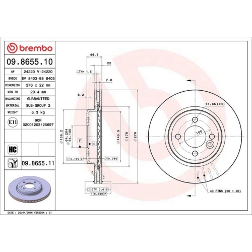 Set disc frana Mini Mini (R50 R53) 06.01-09.06, Mini Cabriolet (R52) 04.04-07.08, Fata, 276X22mm, ventilat, BREMBO