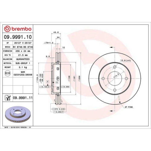 Set disc frana Mitsubishi Colt Czc 6 Convertible (Rg) 05.06-07.09, Colt 6 (Z3 A Z2 A) 10.02-12.12; Smart Forfour (454) 01.04-06.06, Fata, 256X24mm, ventilat, BREMBO