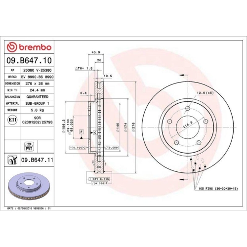Set disc frana Mitsubishi Lancer 7 (Cs A Ct A) 01.00-12.13, Lancer 8 (Cy A Cz A) 03.07-, Lancer 8 Sportback (Cx A) 10.07-, Fata, 276X26mm, ventilat, BREMBO