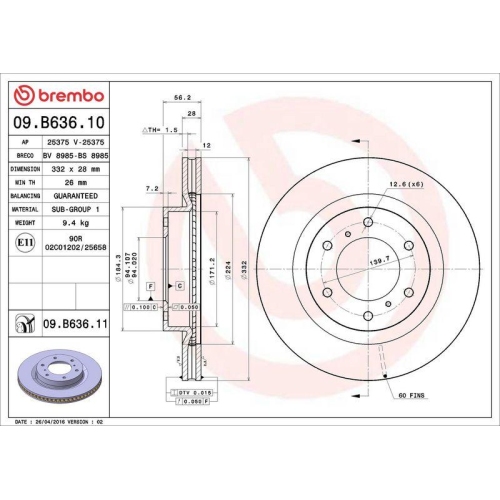 Set disc frana Mitsubishi Pajero 4 (V8 W V9 W) 10.06-, Pajero 4 Van (V9 V8 V8 V) 11.06-, Fata, 332X28mm, ventilat, BREMBO