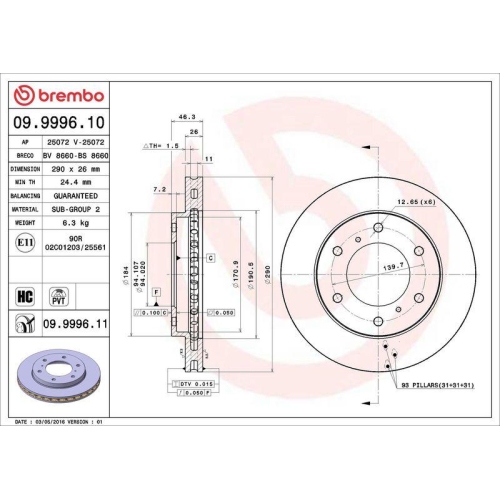 Set disc frana Mitsubishi Pajero Classic (V2 W V6 W V7 W) 07.01-, Pajero 2 (V3 W) 04.00-09.07, Pajero 3 (V7 W V6 W) 01.99-09.07, Pajero 3 Canvas Top (V6 W V7 W) 02.00-12.06, Pajero Sport I (K7 K9) 07.96-, Fata, 290X26mm, ventilat, BREMBO
