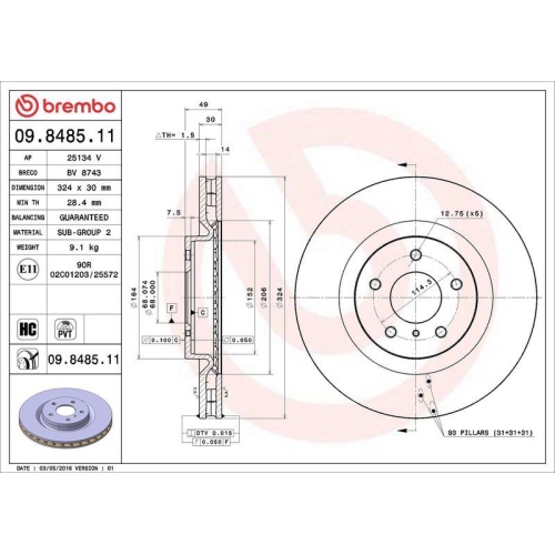 Set disc frana Nissan 350z Coupe (Z33) 09.02-12.09, 350z Roadster (Z33) 09.02-12.09, Fata, 324X30mm, ventilat, BREMBO