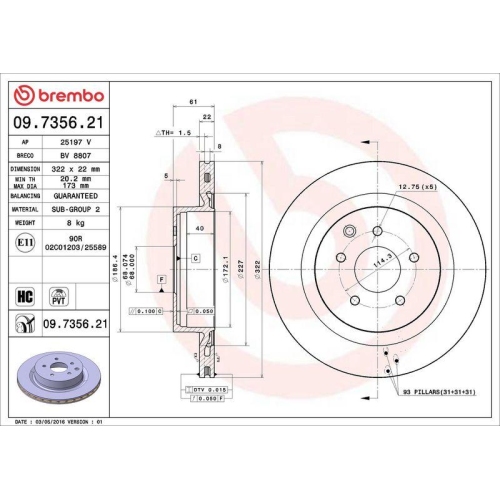 Set disc frana Nissan 350z Coupe (Z33) 09.02-12.09, 350z Roadster (Z33) 09.02-12.09, Spate, 322X22mm, ventilat, BREMBO