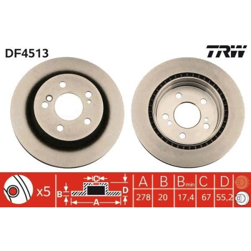 Set discuri frana Mercedes 124 T-Model (S124), C-Class (W203), E-Class T-Model (S124), Slk (R171), 300 TE-24 (124.091), C 200 Kompressor (203.045), E 320 T (124.092), 200 Kompressor (171.442), punte spate, 278x20, ventilat, TRW