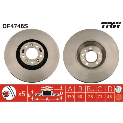 Set discuri frana fata TRW, Citroen C5 II Combi (Re ), 09.2004-, C5 III, 02.2008-, C6, 09.2005-12.2012; Peugeot 407, 02.2004-12.11, 407 Cupe, 10.05-, 407 Sw, 05.2004-12.11, 607, 01.2000-, Fata; puntea fata