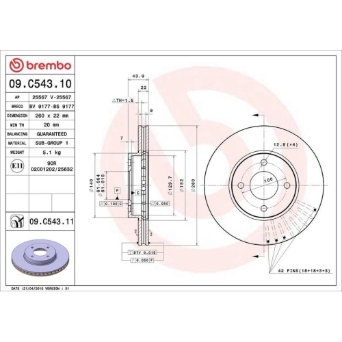Set disc frana Nissan Micra 4 (K13k K13kk) 05.10-, Micra 4 (K13kk) 07.09-, Note (E12) 09.12-, Fata, 260X22mm, ventilat, BREMBO