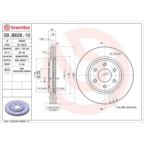 Set disc frana Nissan Navara Np300 (D40) 10.04-, Navara Np300 (D40) 07.08-, Pathfinder 3 (R51) 01.05-, Fata, 296X28mm, ventilat, BREMBO