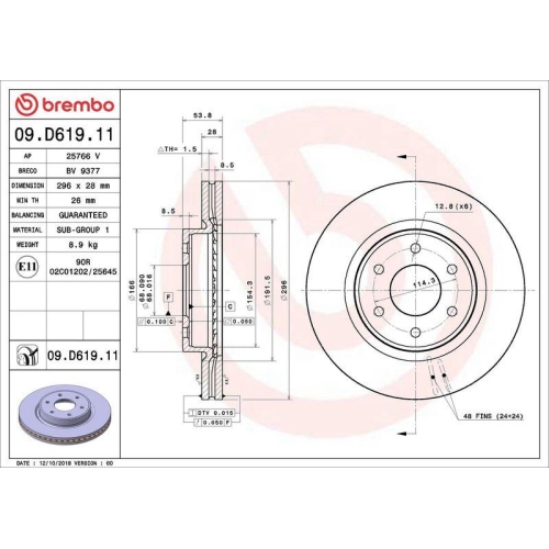 Set disc frana Nissan Navara Np300 Pick-Up (D23 D23t) 07.14-, Navara Platform / Chassis (D23) 01.15-; Renault Alaskan 10.16-, Fata, 296X28mm, ventilat, BREMBO
