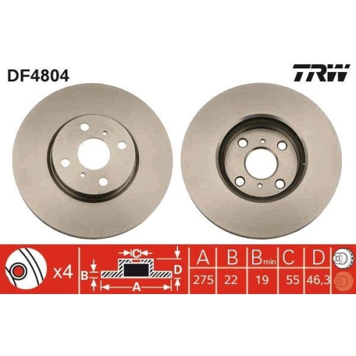 Set discuri frana Toyota Corolla Sedan ( E15 ), Yaris ( P13 ), Yaris ( P9 ), 1.8 (ZRE142, ZRE152), 1.3 (NSP130_), 1.5 Hybrid (NHP130_), 1.0 GPL (KSP90_), 1.0 VVT-i (KSP90_), 1.5 (NCP91_), 1.8 VVTi (ZSP90_), Fata, 275x22, ventilat, TRW
