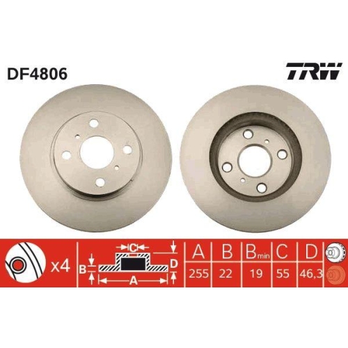 Set discuri frana Toyota Yaris ( P13 ), Yaris ( P9 ), Yaris / Vios Sedan ( P9 ), 1.0 (KSP130_), 1.0 GPL (KSP90_), 1.0 VVT-i (KSP90_), 1.5 (NCP91_), 1.3 (NCP92_), 1.5 (NCP93), punte fata, 255x22, ventilat, TRW
