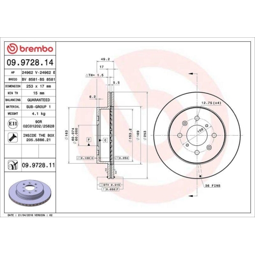 Set disc frana Opel Agila (A) (H00) 09.00-12.07; Subaru Justy 3 (G3x) 09.03-; Suzuki Ignis 2 (Mh) 08.03-, Wagon R+ Liftback (Mm) 05.00-, Fata, 253X17mm, ventilat, BREMBO