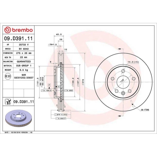 Set disc frana Opel Ampera-E (F17) 05.17-03.19, Astra K (B16) 06.15-12.22, Astra K Box / Estate 11.15-, Astra K Box / Liftback 06.15-, Astra K Sports Tourer (B16) 11.15-12.22, Fata, 276X26mm, ventilat, BREMBO